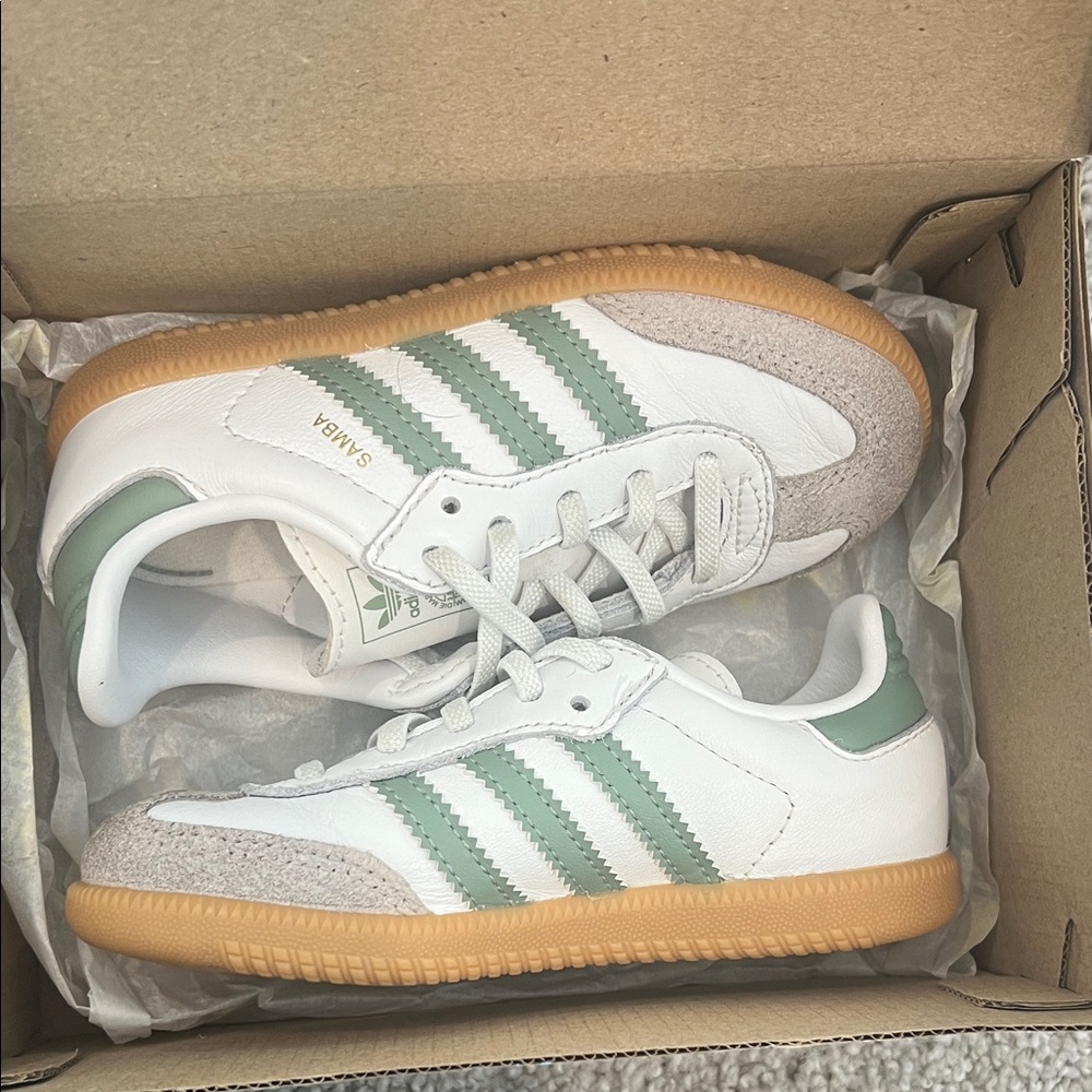 Adidas Kids' White and Green Sneakers with Gum Sole